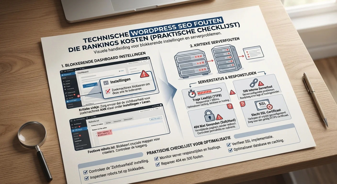 Een gedetailleerd diagram in infographic-stijl dat de technische WordPress SEO Fouten Die Rankings Kosten (Praktische Checklijst) visualiseert, specifiek gericht op blokkerende instellingen in het dashboard en serverfouten, met een